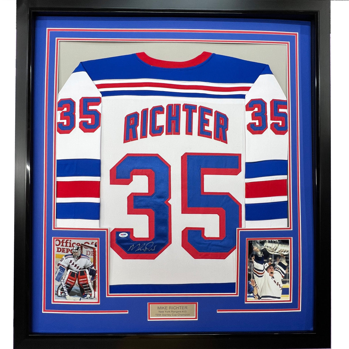 Camiseta de hockey blanca de Nueva York, enmarcada, autografiada y firmada por Mike Richter, 35 x 39, PSA/CÓDIGO DE AUTÉNTICO DE ADN