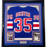 Camiseta de hockey azul de Nueva York, enmarcada, autografiada y firmada por Mike Richter, 35 x 39, certificado de autenticidad de PSA y ADN.
