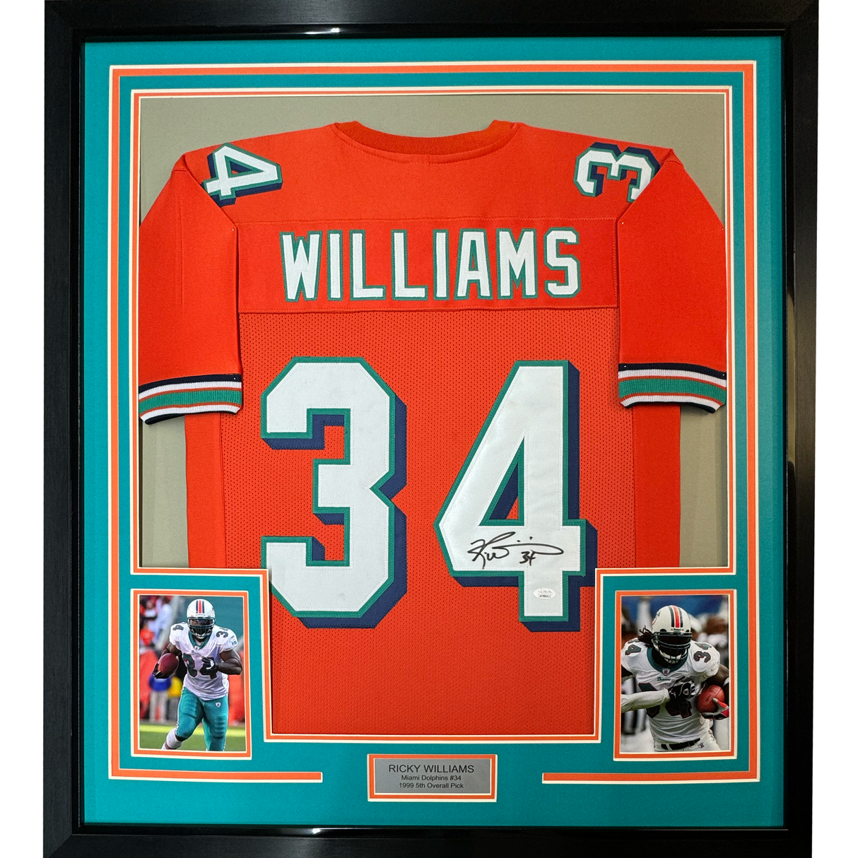 Camiseta de fútbol naranja de Miami de Ricky Williams, enmarcada, autografiada y firmada, 35 x 39, JSA COA