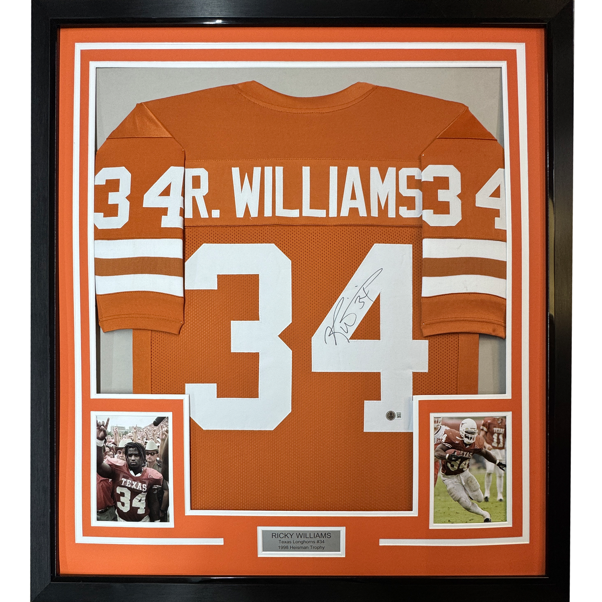 Camiseta de fútbol americano universitario de Texas naranja, enmarcada, autografiada y firmada por Ricky Williams, 35 x 39, JSA COA