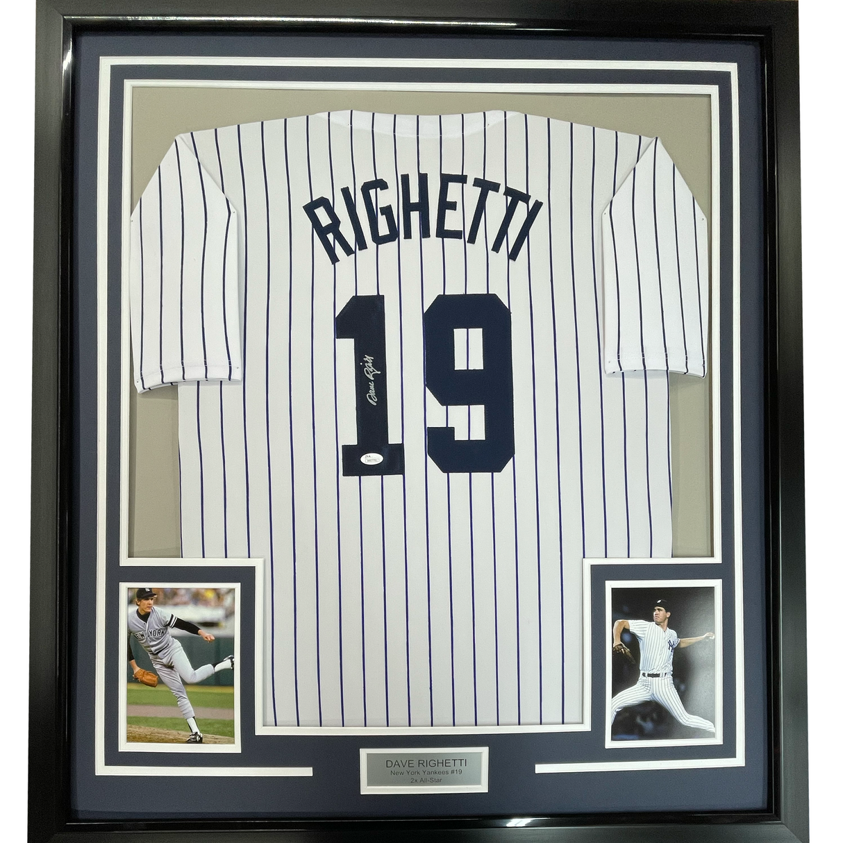 Camiseta de béisbol a rayas de Nueva York, enmarcada, autografiada y firmada por Dave Righetti, 35 x 39, JSA COA