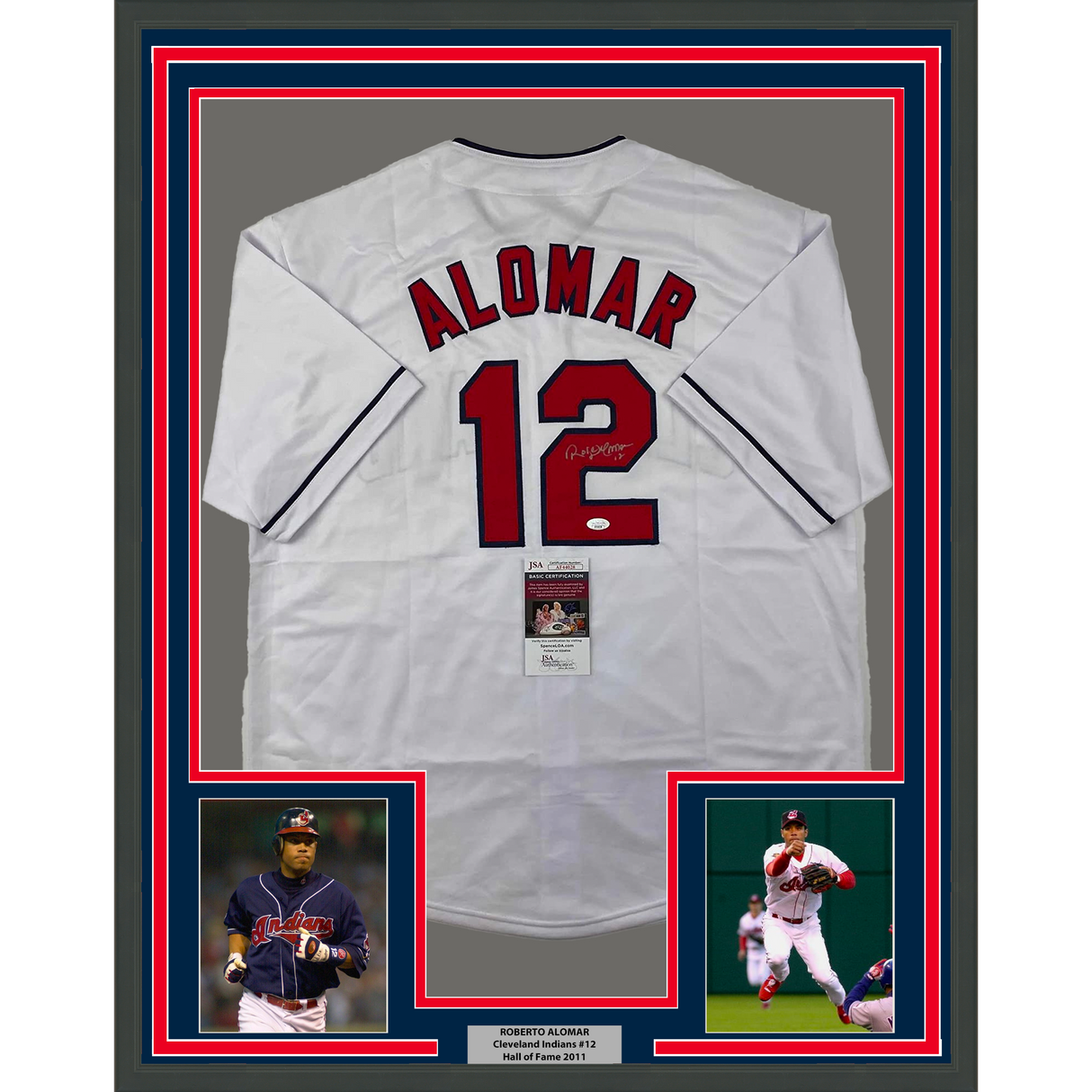 Camiseta de béisbol blanca de Cleveland, enmarcada, autografiada y firmada por Roberto Alomar, 35 x 39, JSA COA