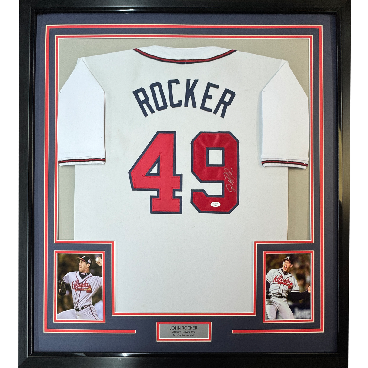 Camiseta de béisbol blanca de Atlanta, enmarcada, autografiada y firmada por John Rocker, 35 x 39, con certificado de autenticidad de PSA y ADN.