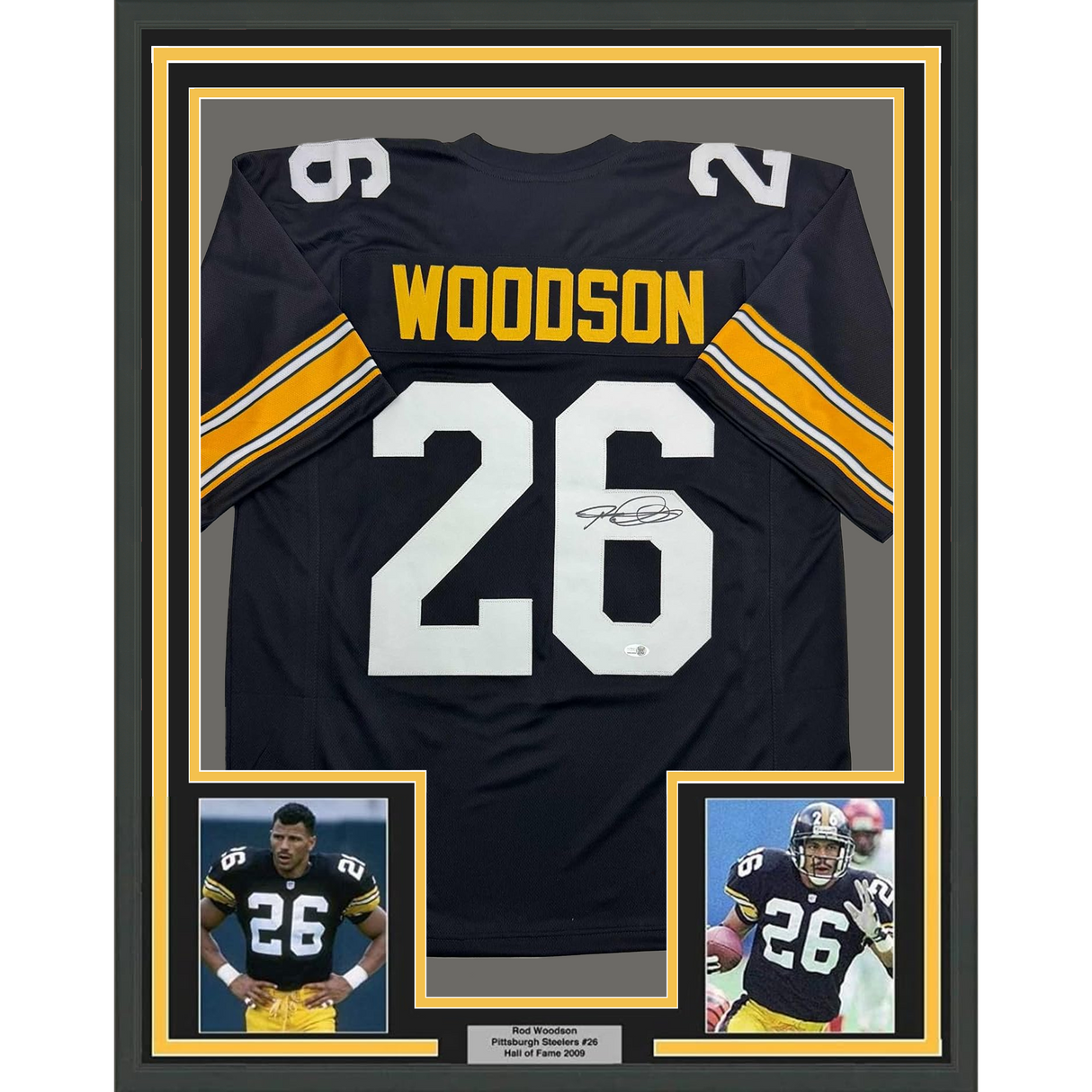 Camiseta de fútbol americano de Pittsburgh, negra, enmarcada, autografiada y firmada por Rod Woodson, 35 x 39, JSA COA