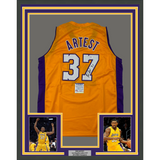Camiseta de baloncesto amarilla de Los Ángeles LA, enmarcada, autografiada y firmada por Ron Artest, 35 x 39, PSA/CÓDIGO DE ADN
