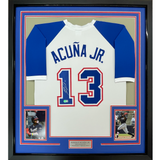 Camiseta de béisbol retro blanca de Atlanta, enmarcada, autografiada y firmada por Ronald Acuña Jr., 35 x 39, Beckett BAS COA
