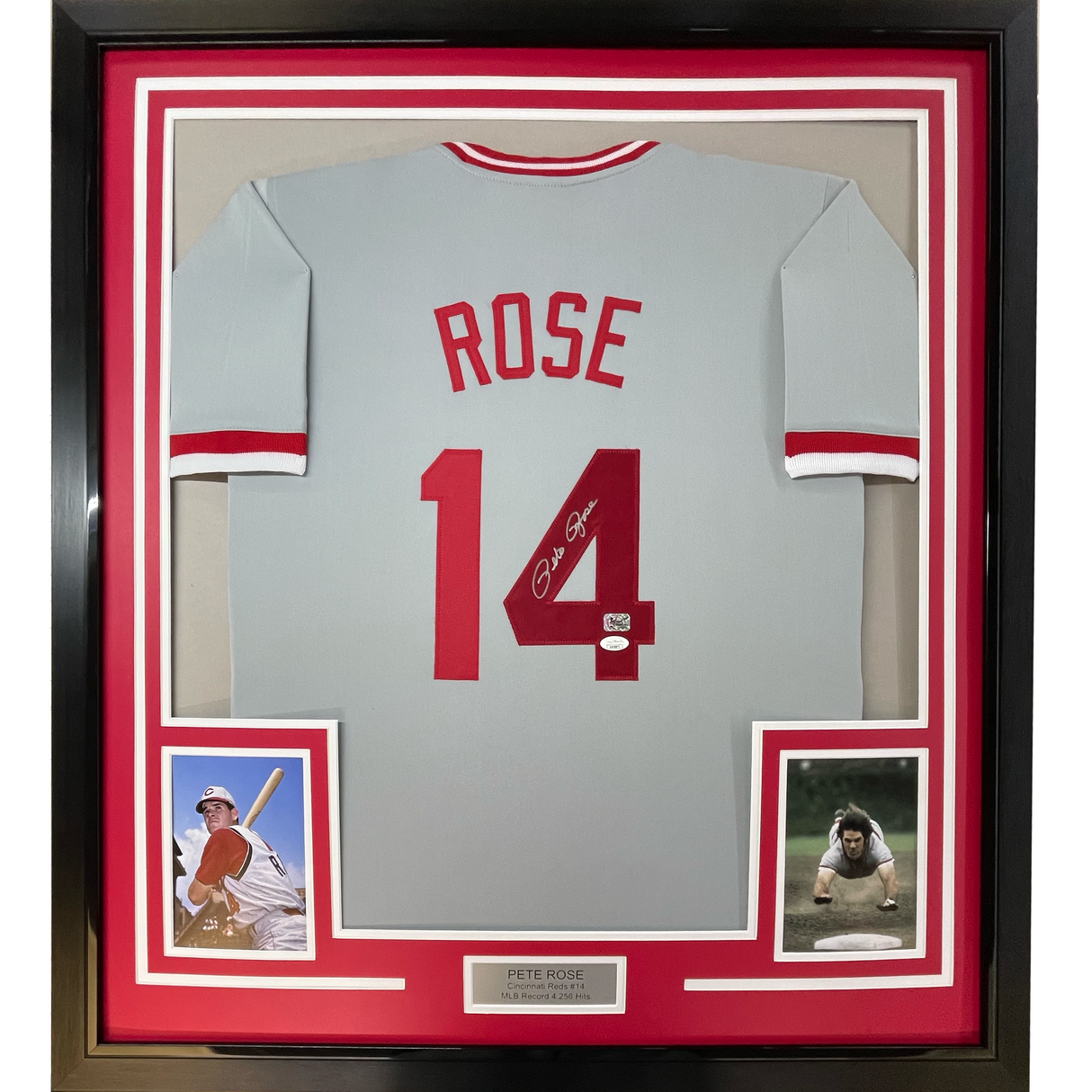 Camiseta de béisbol enmarcada, autografiada y firmada por Pete Rose, 35 x 39, color gris Cincinnati, JSA COA