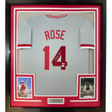 Camiseta de béisbol enmarcada, autografiada y firmada por Pete Rose, 35 x 39, color gris Cincinnati, JSA COA