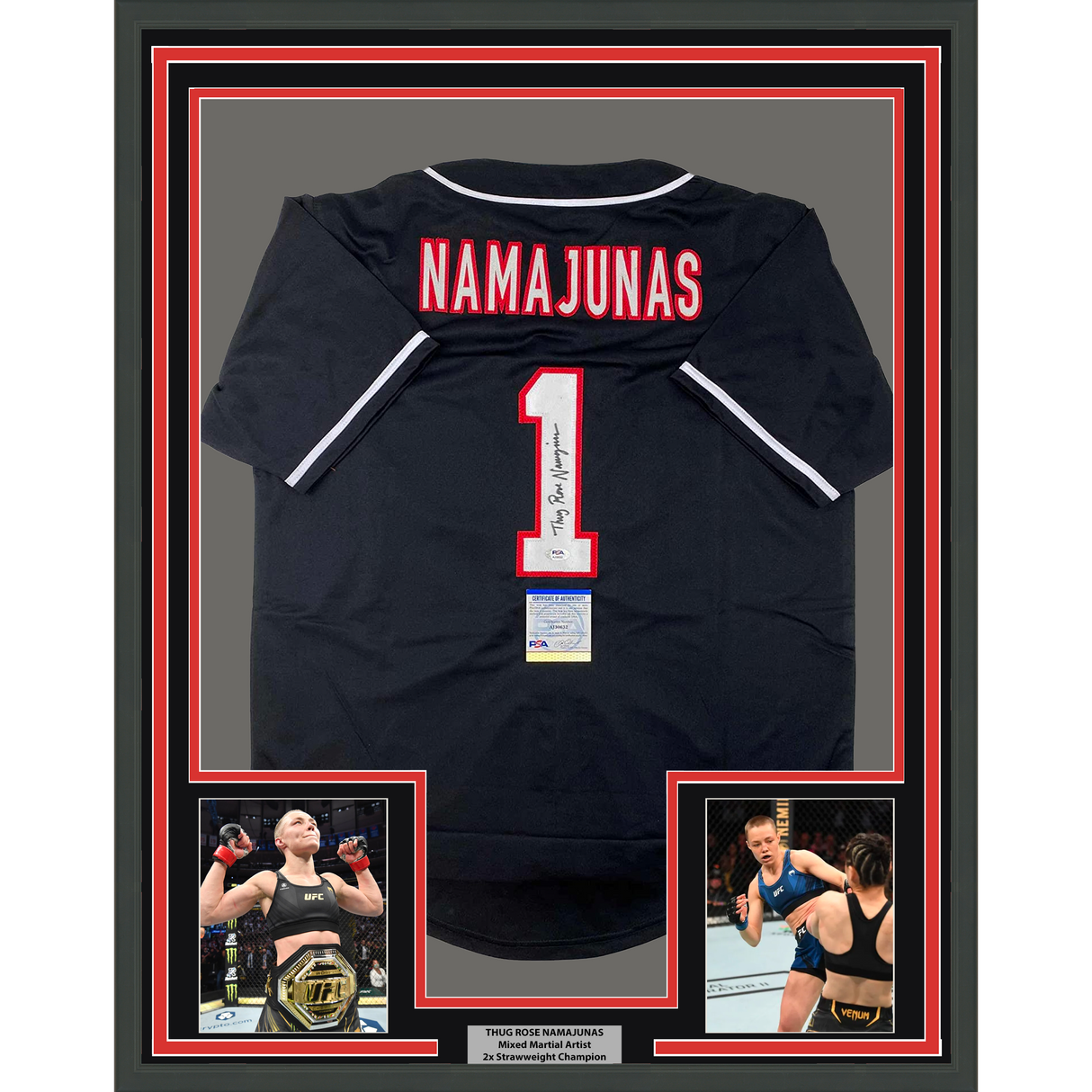 Camiseta de lucha definitiva enmarcada, autografiada y firmada por Thug Rose Namajunas, 35 x 39, negra, de UFC MMA. Certificado de autenticidad de PSA/ADN.