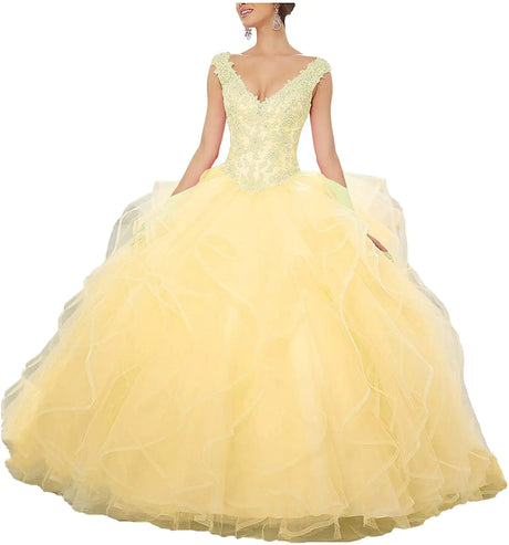 QXMYOO Long Prom Quinceanera DAMA Dresses Yellow Puffy Pageant Dresses for Girls - Lootquake