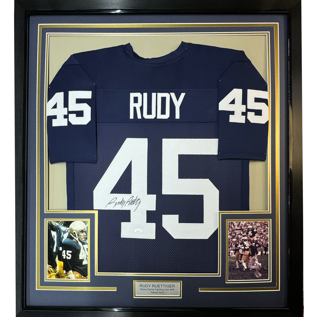 Camiseta de fútbol americano universitario de Rudy Ruettiger, enmarcada, autografiada y firmada, 35 x 39, azul de Notre Dame, JSA COA