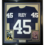 Camiseta de fútbol americano universitario de Rudy Ruettiger, enmarcada, autografiada y firmada, 35 x 39, azul de Notre Dame, JSA COA