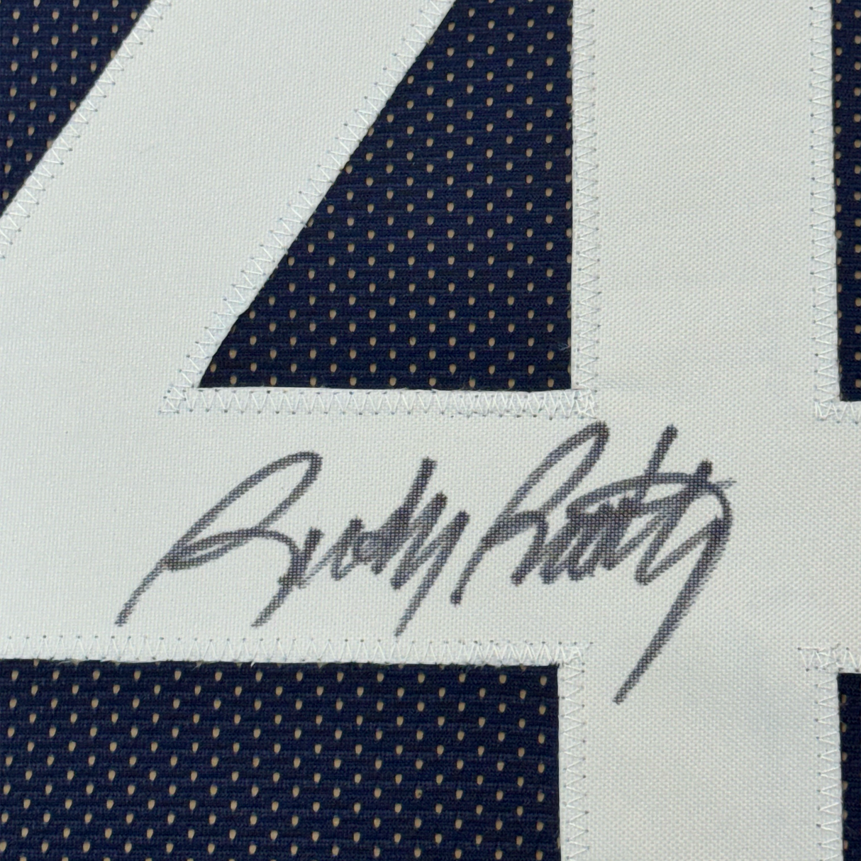 Camiseta de fútbol americano universitario de Rudy Ruettiger, enmarcada, autografiada y firmada, 35 x 39, azul de Notre Dame, JSA COA