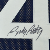 Camiseta de fútbol americano universitario de Rudy Ruettiger, enmarcada, autografiada y firmada, 35 x 39, azul de Notre Dame, JSA COA