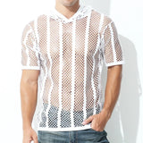 Men Mesh Shirt Transparent Long Sleeve Men Clothing Sexy Solid Party Nightclub Hooded Tops - Lootquake