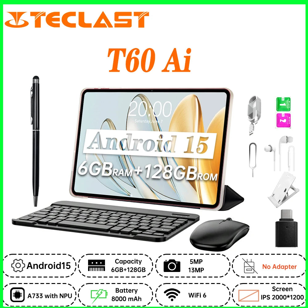 Nouvelle tablette Teclast T60 AI Allwinner A733 Octa-Core 12 pouces 2K HD TDDI écran 6 Go RAM 128 Go ROM Android 15 WiFi6 8000 mAh 13MP + 5MP
