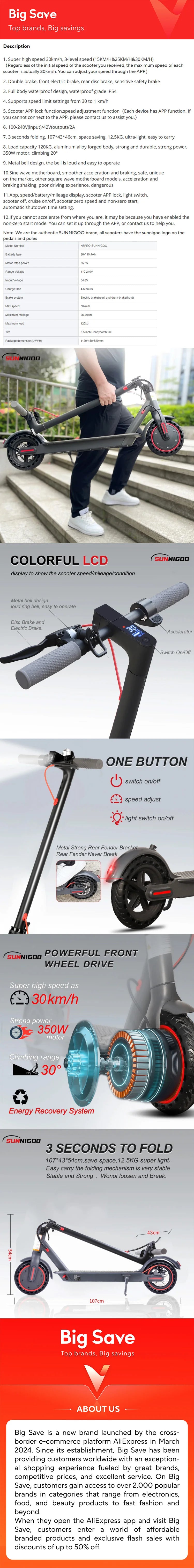 Trottinette électrique N7PRO 350 W pour adulte, 36 V, 10,4 Ah, compatible avec application, légère, longue portée, 30 km, entrepôt dans l'UE