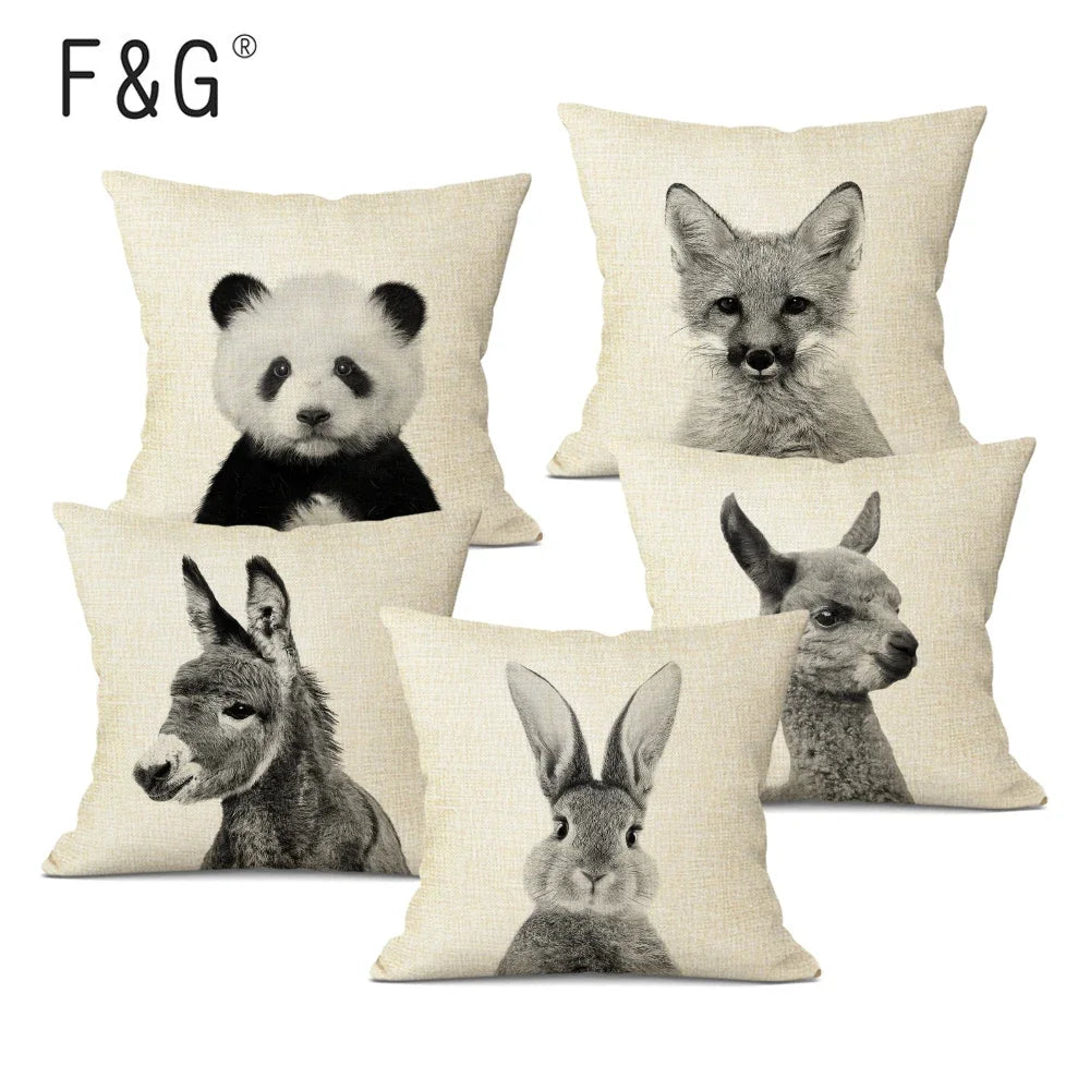 Black and White Cute Animals Cushion Cover - Animal Portrait Decoration Throw Pillow Case 45x45cm for Home Sofa Decor