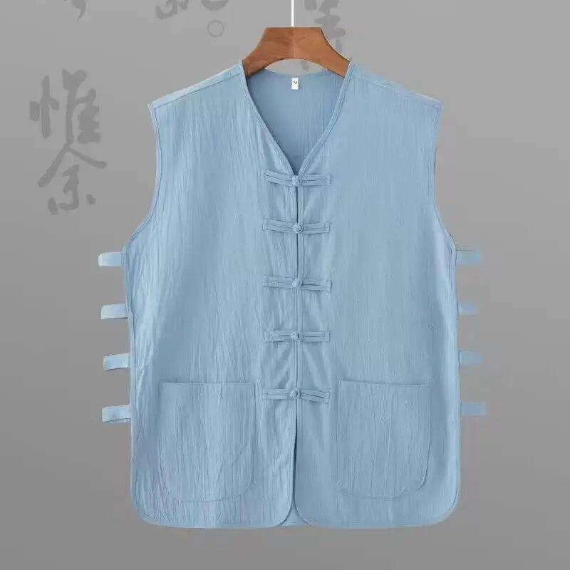 Vintage Vest Men Cotton Linen Shirt Kung Fu Vest Summer Tank Top Tang Suit Traditional Chinese Clothing Sleeveless Open Cardigan