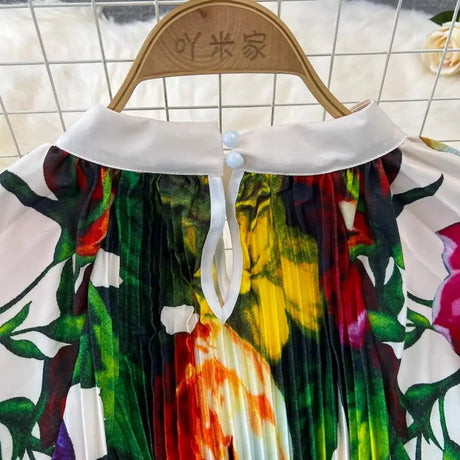 Spring Holiday Print Long Dress For Women Fashion Loose Lantern Sleeve Party Robe Female Big Swing Tassels Belt Pleated Clothes - Lootquake
