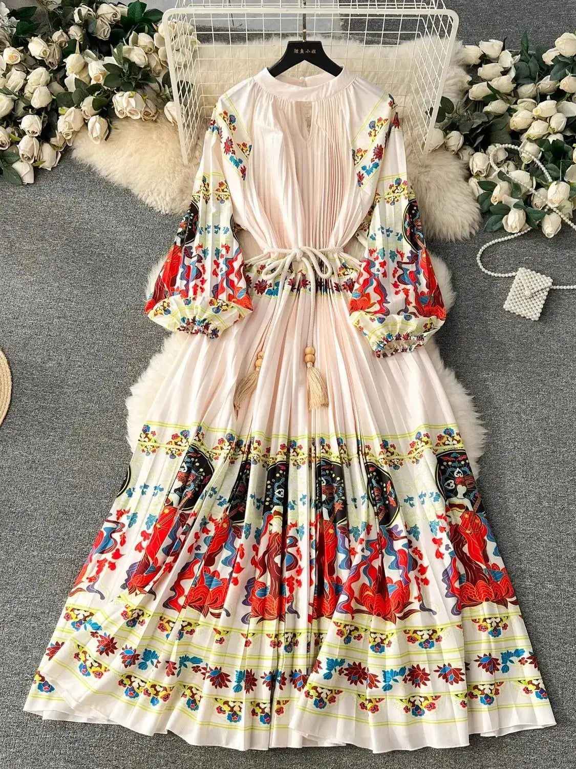 Spring Holiday Print Long Dress For Women Fashion Loose Lantern Sleeve Party Robe Female Big Swing Tassels Belt Pleated Clothes