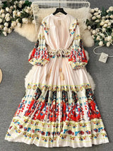 Spring Holiday Print Long Dress For Women Fashion Loose Lantern Sleeve Party Robe Female Big Swing Tassels Belt Pleated Clothes