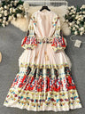 Spring Holiday Print Long Dress For Women Fashion Loose Lantern Sleeve Party Robe Female Big Swing Tassels Belt Pleated Clothes