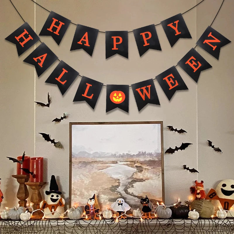 Halloween Party Paper Garland Bat Pumpkin Banner 2025 Happy Halloween Party Decoration for Home Trick or Treat Hanging Pendants