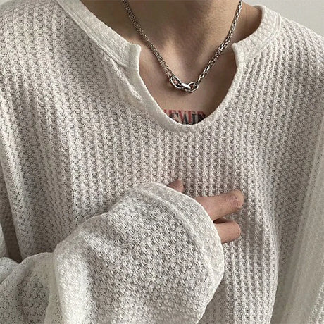 Men's Retro Loose Lazy Stylish Long Sleeve T-Shirt Casual O Neck Solid Exposed Clavicle Tops Breathable Basic Shirt 2025 New - Lootquake