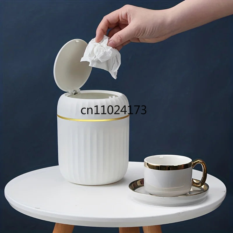 Elegant ultra large capacity mini trash bin with lid, stylish white and gold desktop trash bin suitable for home,office, bedroom
