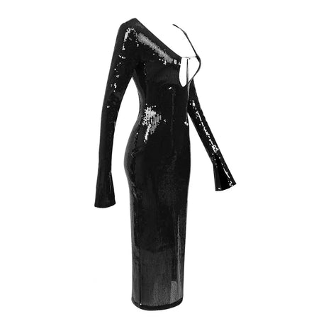 BEVENCCEL Sexy Luxury Sequins Deep V Long Sleeve Backless Sequins Long Dress Elegant  Bodycon Maxi Evening Party Clubwear Dress - Lootquake