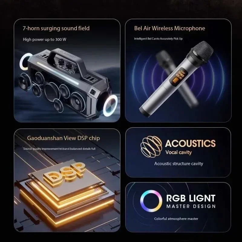 Enceinte Bluetooth sans fil haute puissance 300 W, portable, étanche IPX6, idéale pour les fêtes en extérieur.