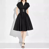 CHCH Women's Long Dress 2024 Summer New V-neck Sleeveless High Waist Slim Black Business Party Women's Wear - Lootquake
