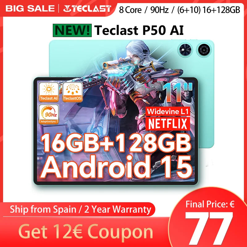 【Nouveau】 Tablette Android 15 Teclast P50Ai 11 pouces 90 Hz (6 Go + 10 Go) Max. 16 Go de RAM 128 Go Lpddr5 1280X800 Allwinner A733-Ai Octa-Core 7000 Mah Batterie Wifi-6 BT 5.4 Ai Tablettes PC