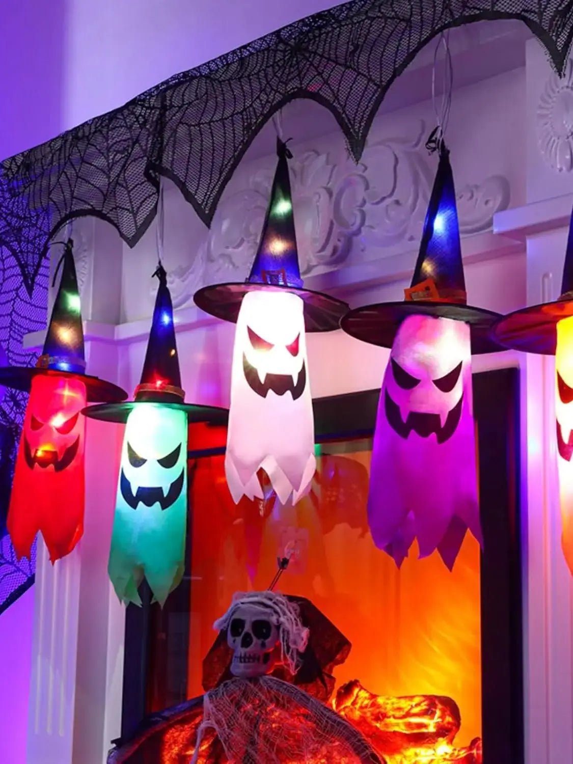 Halloween Decorations Outdoor 5 PCS Hanging Halloween Lighted Glowing Ghost Witch Hat with LED String Lights for Party Garden
