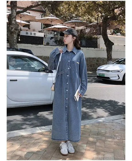Denim Long Dress 2024 New Fashion Spring Autumn Korean Sweet Cargo LOOSE FIT Full Sleeve Girls Dress All-match - Lootquake