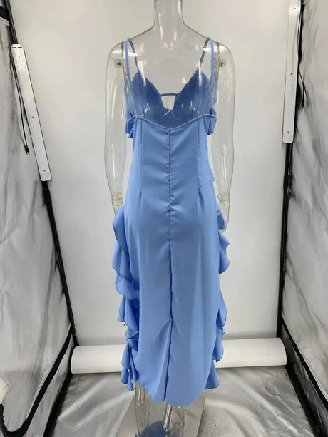 2025 Summer Women Long Dress Blue Solid V-neck Backless Irregular Sexy Slip Dresses Female Fashion Holiday Beach Clothes Ladies - Lootquake