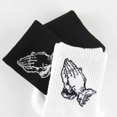 Fashion Skate Cotton Crew Socks of Virgin Mary Gesture Pattern for Men Women Hip Hop Funny Novelty  White Black Funky - Lootquake