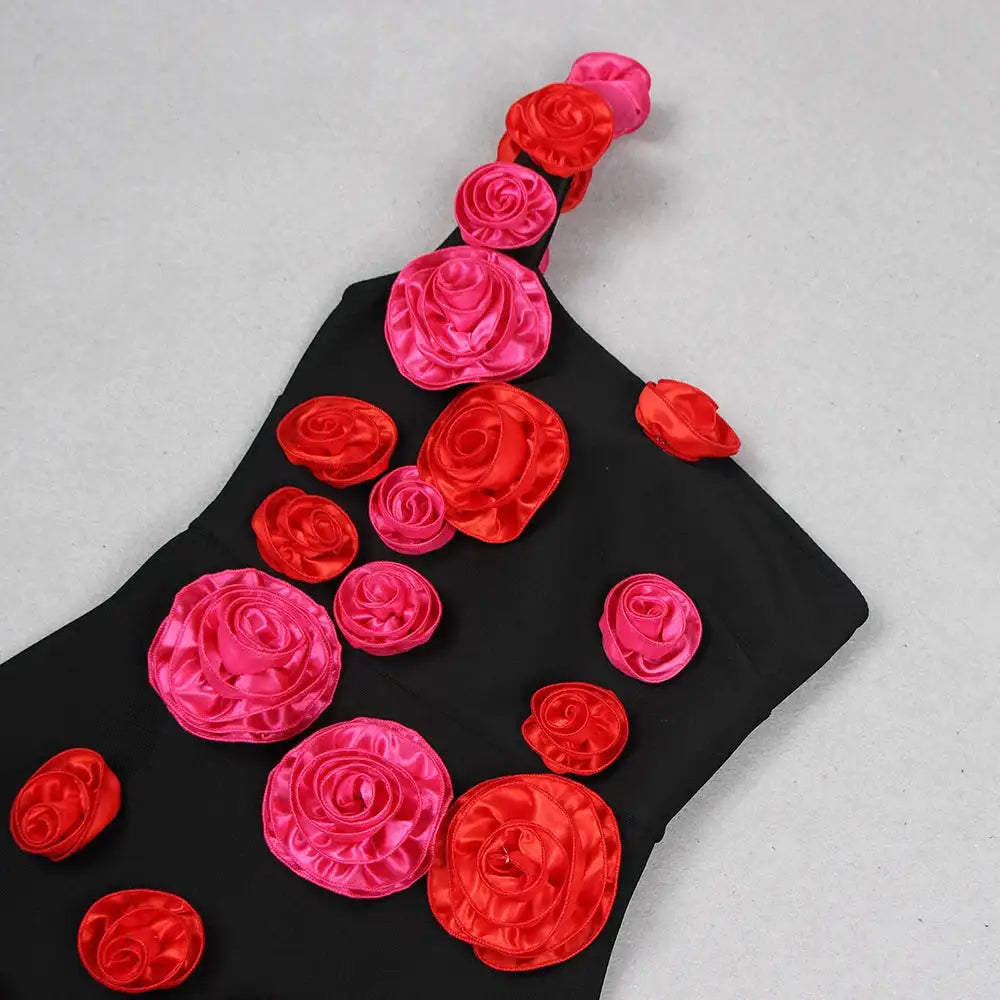 2025 New Spring Women Sexy One Shoulder Red Flowers Bodycon Bandage Long Dress Celebrate Evening Party Nightclub Dress - Lootquake