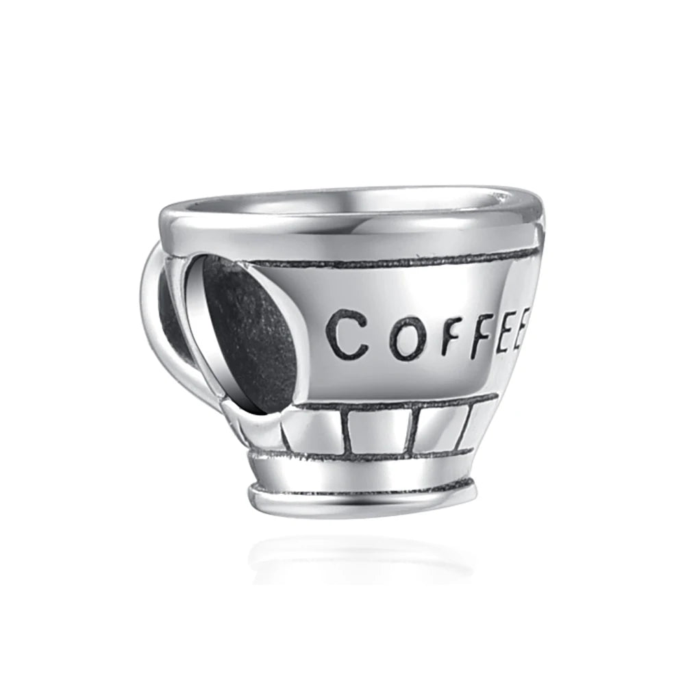Dije de plata de ley 925 con forma de café, vino tinto, cafetera, copa de champán, compatible con pulseras colgantes originales, joyería DIY para mujer.