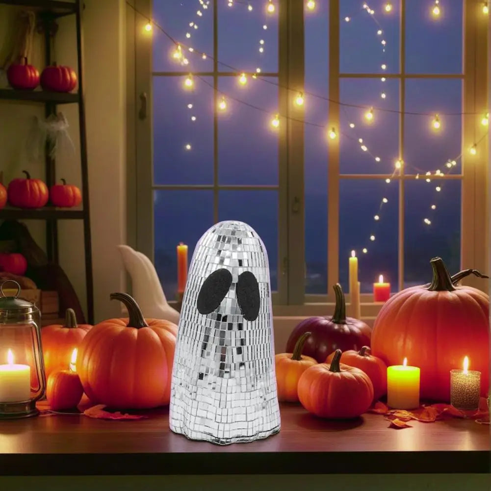 Halloween Disco Ghost Ornament Silver Mosaic Mirror Disco Ghost Tabletop Decor Glitter Spooky Ghost Halloween Tiered Tray Decor