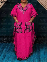 Plus Size 5XL VONDA 2024 Bohemian Printed Long Dress Summer Women V-Neck Short Sleeve Maxi Sundress Casual Pockets Loose Robe - Lootquake