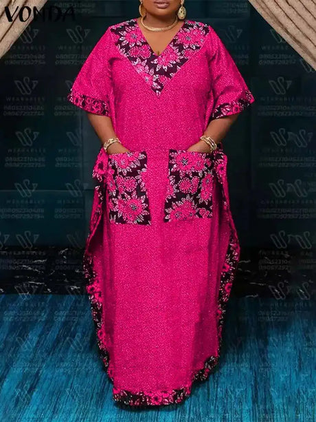 Plus Size 5XL VONDA 2024 Bohemian Printed Long Dress Summer Women V-Neck Short Sleeve Maxi Sundress Casual Pockets Loose Robe - Lootquake
