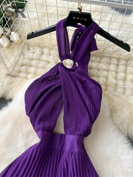 SINGREINY Sexy Halter Pleated Dress Women Summer Hollow Out Cross Lace Up Zipper Design Sleeveless Backless Elegant Long Dress - Lootquake