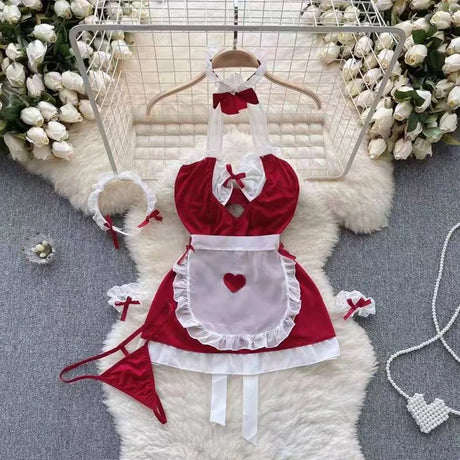 Red Christmas Sexy Lingerie Shawl Set Halter Jumpsuit Lace-up Cosplay Costume New In Women Clothes Skinny Bodysuit Suit Hotsweet - Lootquake