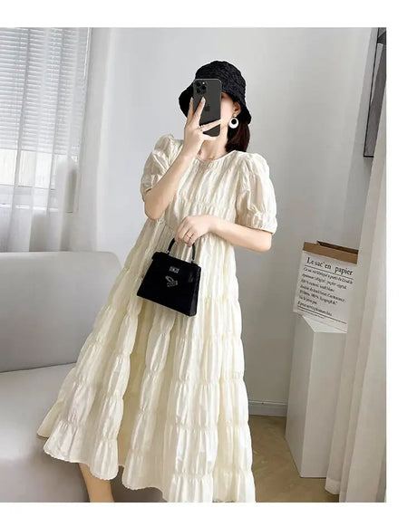 2025 Summer Maternity Pleated Dress Solid Color Loose Pregnant Woman Long Dress Short Sleeve Plus Size Pregnancy Ball Gown Dress - Lootquake