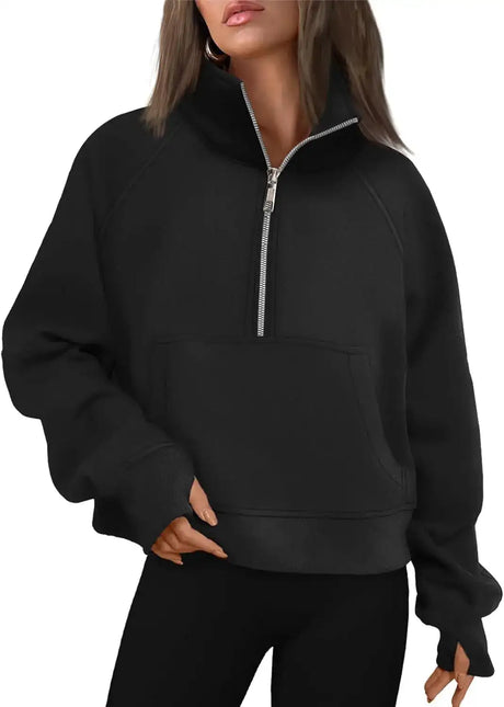 Womens Sweatshirts Half Zip Cropped Pullover Fleece Quarter Zipper Hoodies Fall outfits Clothes Thumb Hole - Lootquake
