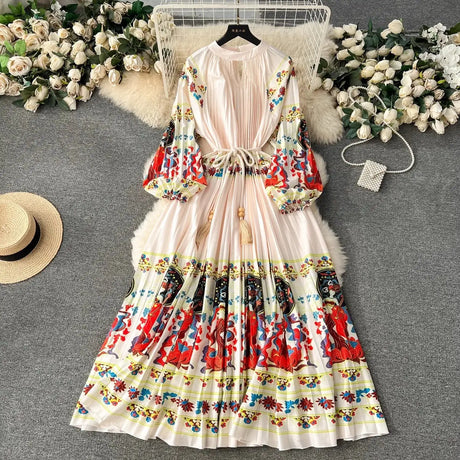 Spring Holiday Print Long Dress For Women Fashion Loose Lantern Sleeve Party Robe Female Big Swing Tassels Belt Pleated Clothes - Lootquake