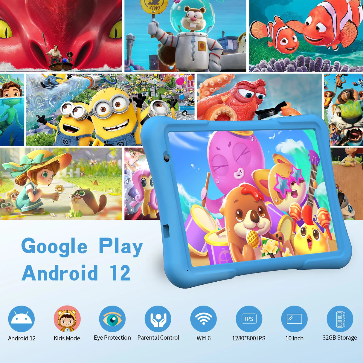 PRITOM 10 inch Kids Tablet Android 12 Tabletas 32GB, Quad-Core, 6000mAh, Large HD IPS Display, WiFi 6, Dual Camera, Bluetooth,
