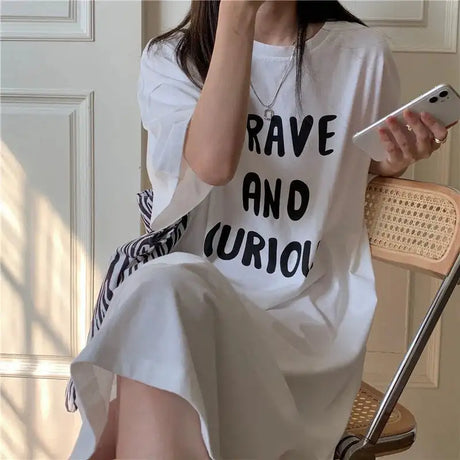 Harajuku Graphic White Long Dress Woman Clothing Y2k Casual Short Sleeve O-Neck Korean Fashion Summer Womens Loose Dresses 2024 - Lootquake